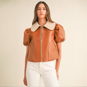 Shearling Lined Camel Puff Sleeve Cropped Leather Jacket with Peter Pan Collar